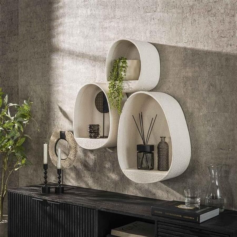 PS-Collection Stone Drop Set 3 Wandplank 43x21x50cm Wit Marmer composiet wandplank wandrek industrieel wandrek metaal zwart wandrek rond wandrekken wandplank zwevend wandplank hout wandkubus boekenplank