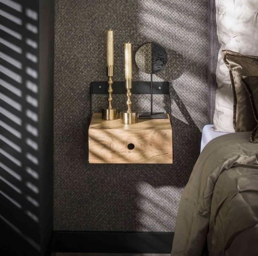 PS-Collection Strip Set van 2 Hangende Nachtkastjes 30x30x20cm Naturel Acacia nachtkastje nachtkastjes set van 2 nachtkastjes industrieel nachtkastje zwart nachtkastjes modern nachtkastje zwevend