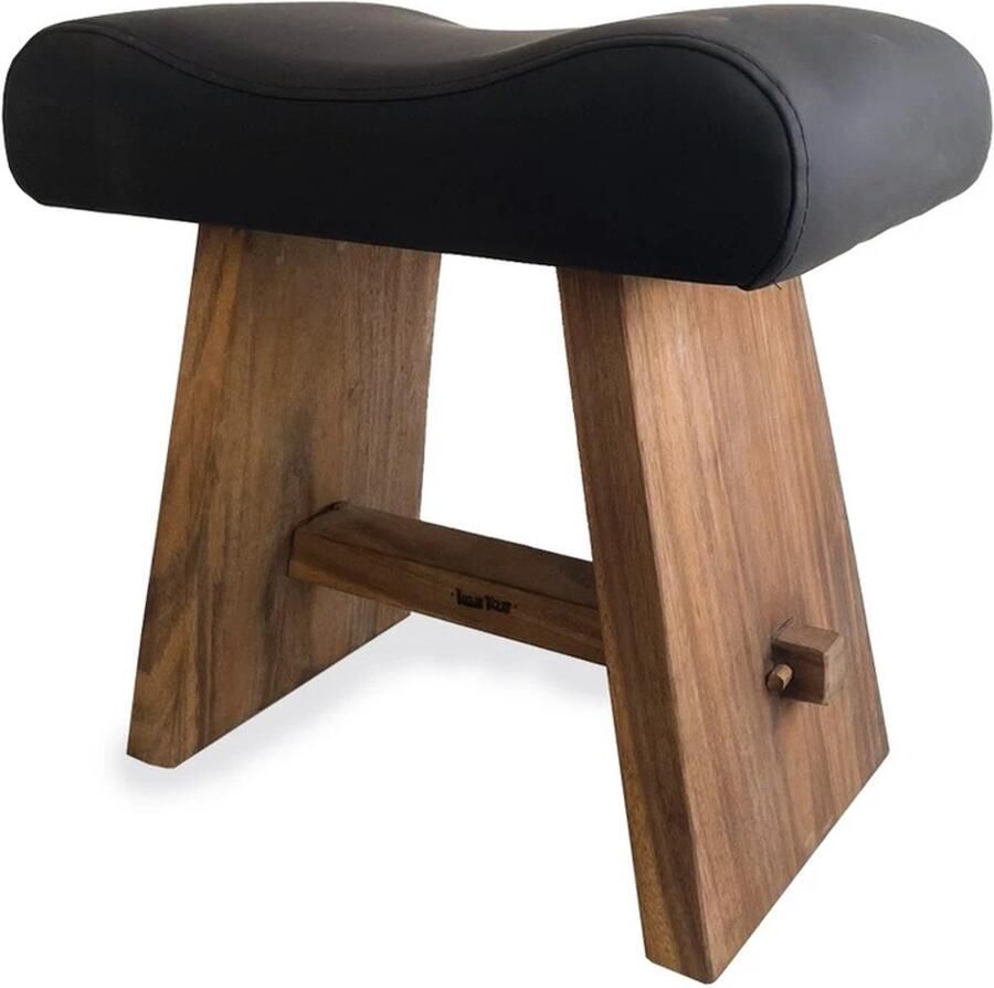 PS-Collection Suarhout Kruk met Leren Zitting Naturel Zwart 50x30x45cm krukje hout krukjes om op te zitten krukje badkamer krukjes om op te zitten volwassenen krukje make up tafel kruk krukje houten krukje