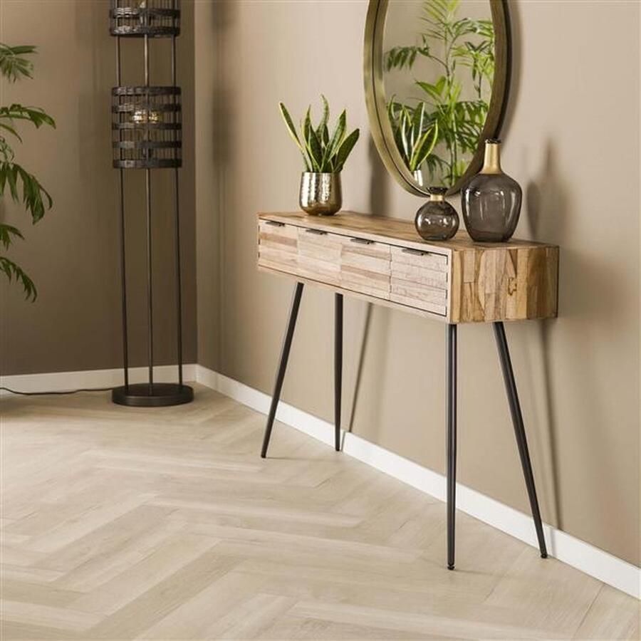 PS-Collection Teca Strip Haltafel 4 Lades 120x30x76 cm Verweerd Teakhout Metaal wandtafel haltafel met lades haltafel zwart haltafel hout hal tafel haltafel met lades industrieel haltafel industrieel klaptafel kaptafels kaptafel zwart