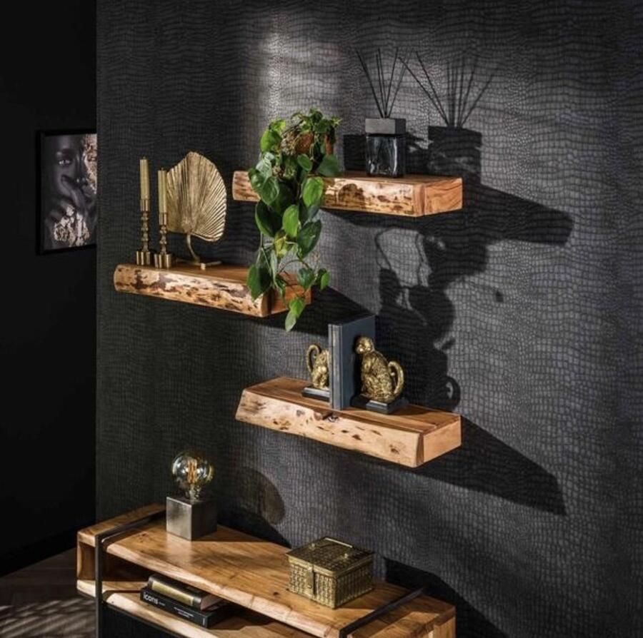 PS-Collection Tree Storage Set van 3 Wandplanken met Lade 60x20x8cm Naturel Acaciahout wandplank wandrek industrieel wandrek metaal zwart wandrek rond wandrekken wandplank zwevend wandplank hout wandkubus boekenplank
