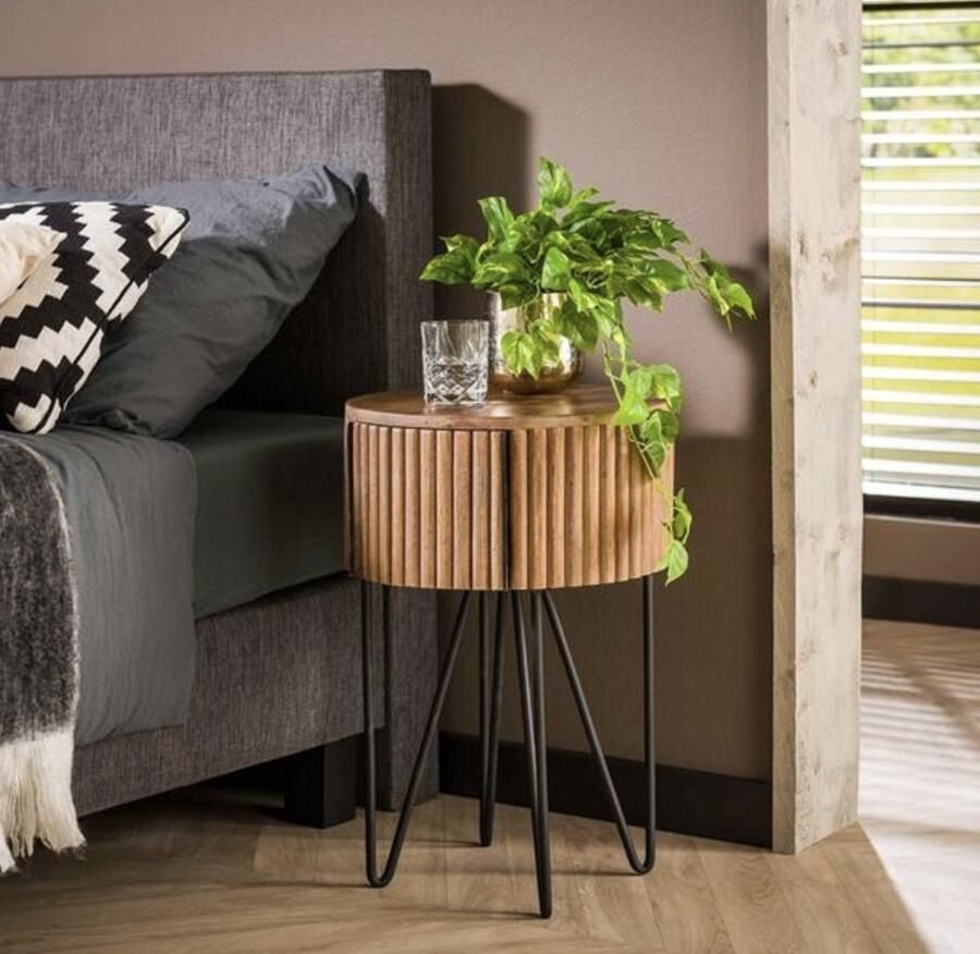 PS-Collection Tweak 1 Lade Ronde Nachtkastje ø40x60cm Zandkleur Mango Metaal nachtkastje nachtkastjes set van 2 nachtkastjes industrieel nachtkastje zwart nachtkastjes modern nachtkastje zwevend