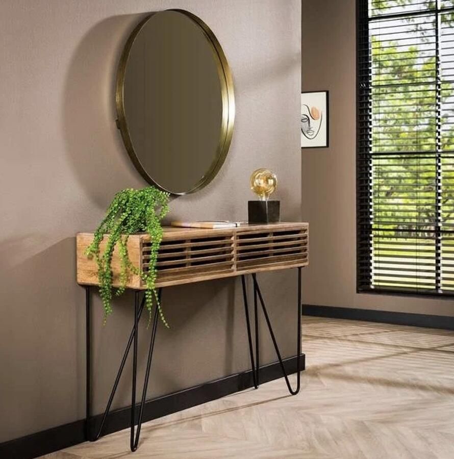 PS-Collection Tweak 2 Lade Kaptafel 120x30x77cm Zandkleur Mangohout Metaal wandtafel haltafel met lades haltafel zwart haltafel hout hal tafel haltafel met lades industrieel haltafel industrieel klaptafel kaptafels kaptafel zwart