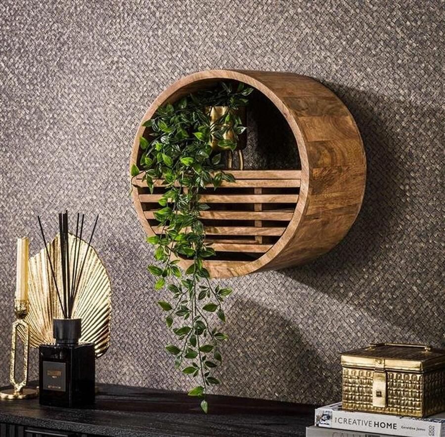 PS-Collection Tweak Wandschap met 1 Lade Ø40cm Zandkleur Mangohout wandplank wandrek industrieel wandrek metaal zwart wandrek rond wandrekken wandplank zwevend wandplank hout wandkubus boekenplank