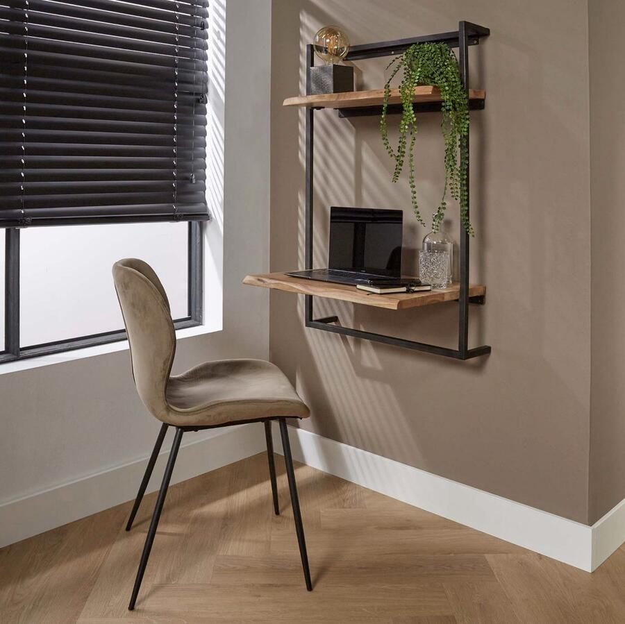 PS-Collection Wandplank-Wandbureau Desk Air Solid Acaciahout-Metaal wandplank wandrek industrieel wandrek metaal zwart wandrek rond wandrekken wandplank zwevend wandplank hout wandkubus boekenplank
