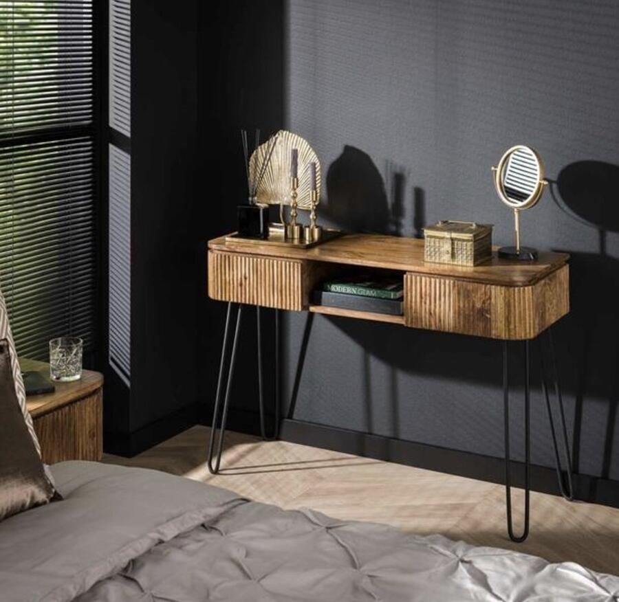 PS-Collection Wave 2 Lade Kaptafel 110x40x77cm Zandkleur Mango Metaal wandtafel haltafel met lades haltafel zwart haltafel hout hal tafel haltafel met lades industrieel haltafel industrieel klaptafel kaptafels kaptafel zwart