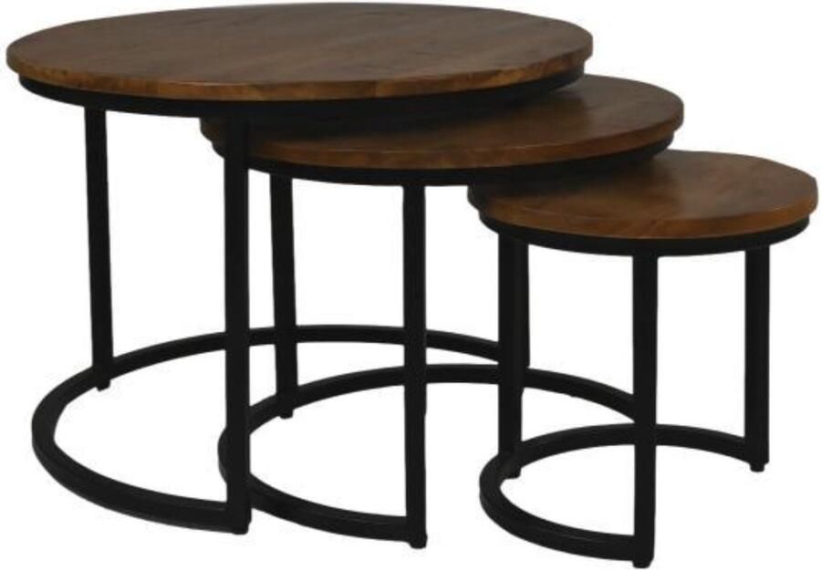 PS-Collection Xena Salontafel Set van 3 Bruin Zwart Hout Metaal salontafels rond salontafels salontafel zwart salon tafel salontafel rond salontafel industrieel salontafel vierkant salontafel marmer salontafel wit