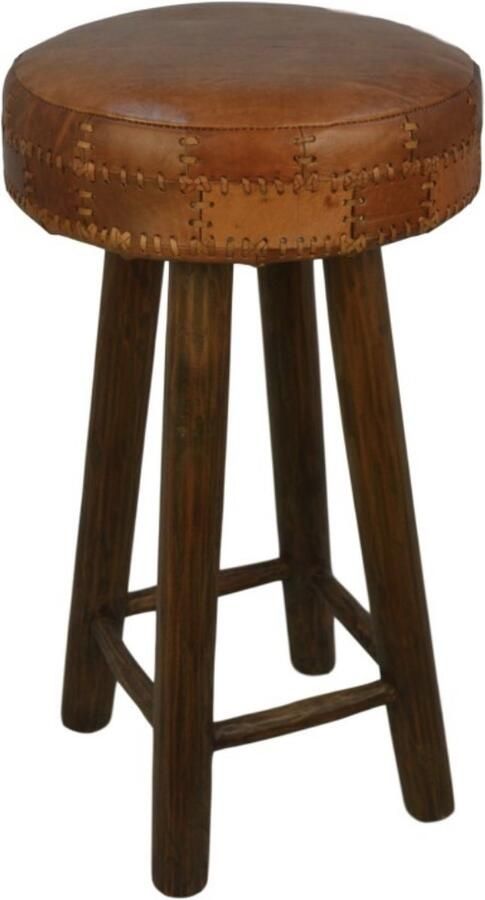 PS-Collection Yves Ronde Barstoel Patchwork Cognac Bruin 40x40x75 cm Leder Teak krukje hout krukjes om op te zitten krukje badkamer krukjes om op te zitten volwassenen krukje make up tafel kruk krukje houten krukje