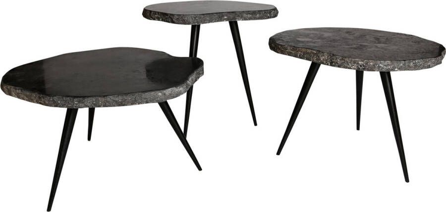 PTMD Bijzettafel Khine Marmer Zwart Metal Stand Set van 3