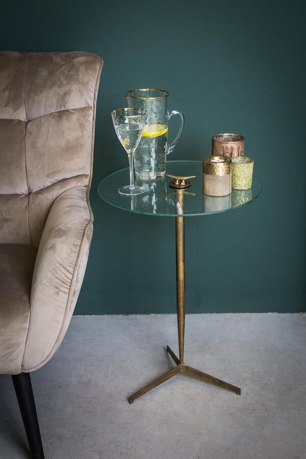 PTMD COLLECTION PTMD Bryz goudkleurige bijzettafel metalen met glas rond maat in cm: 45 x 45 x 66 Goud