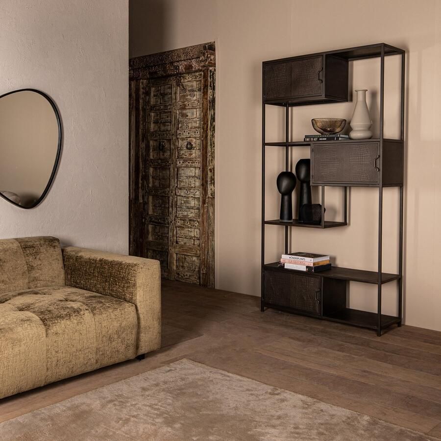 PTMD COLLECTION PTMD Metalen bruine open kast met croco print in reliëf op de kastdeurtjes boekenkast cacoabruin metaal