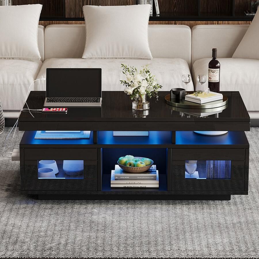 Pugsdrly 100 × 50 × 43 cm Glanzend zwarte salontafel met LED-lampen die via een mobiele app kunnen worden bediend salontafel met kast salontafel met oplaadpunt en stopcontact geschikt voor op kantoor of in de werkkamer