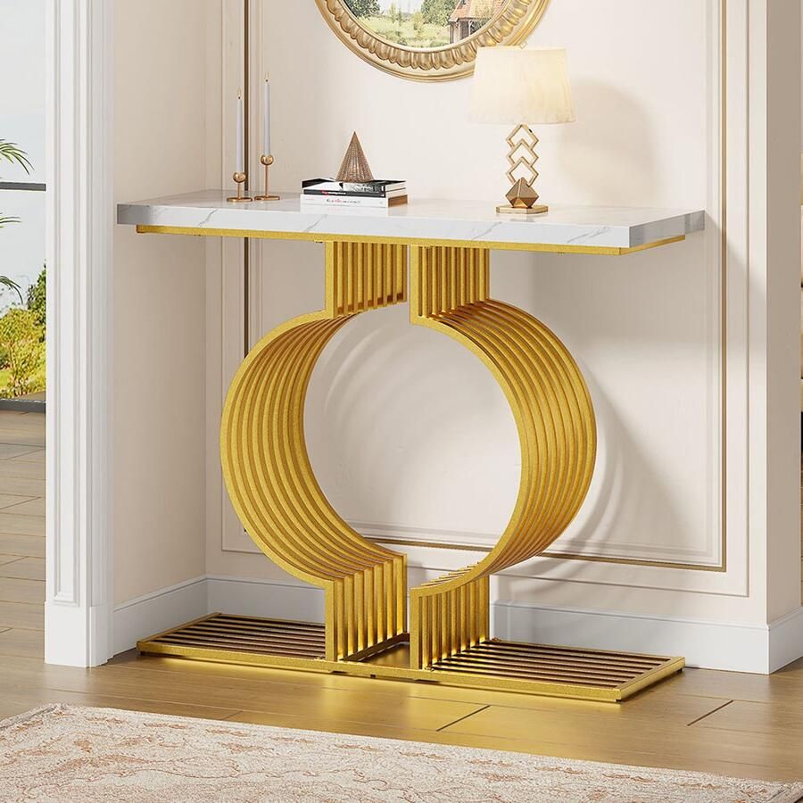 Pugsdrly 100*30*80cm moderne en eenvoudige salontafel in glanzend wit kleine bijzettafel voor de woonkamer console gouden onderstel twee installatiemogelijkheden