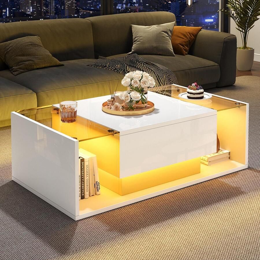 Pugsdrly 100*50*31 cm Salontafel met 1 lade en led-lichtstrip bijzettafel van gehard glas glanzende salontafel witte salontafel met minimalistisch design