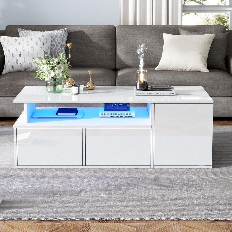Pugsdrly 100*50*35 cm salontafel met LED salontafel met 2 lades salontafel met een totaal draagvermogen van 60 kg witte salontafel met veel opbergruimte