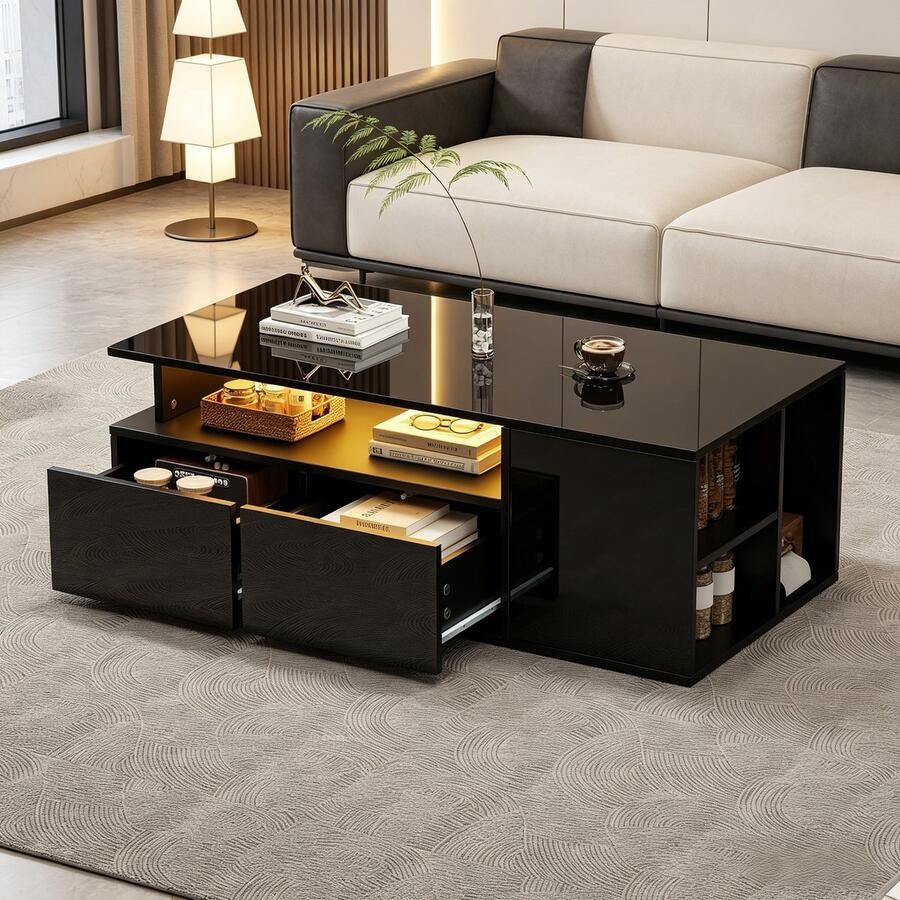 Pugsdrly 100*50*35 cm salontafel met LED salontafel met 2 lades salontafel met een totaal draagvermogen van 60 kg zwarte salontafel met veel opbergruimte - Foto 2