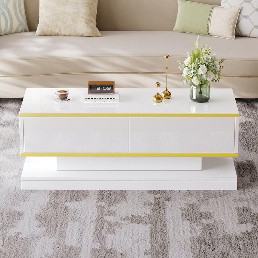 Pugsdrly 100*50*38 cm Glanzende salontafel met 2 grote lades unieke salontafel warm wit + gouden rand salontafel bijzettafel met smal midden en brede boven- en onderkant