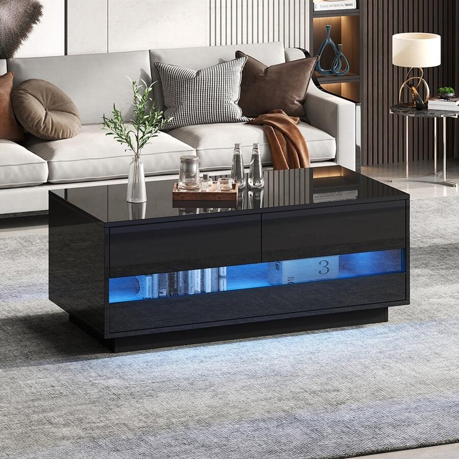 Pugsdrly 100*50*40 cm glanzende salontafel met 2 lades Bluetooth-led-lichtstrip salontafel met opbergruimte en wand van gehard glas bijzettafel salontafel zwart