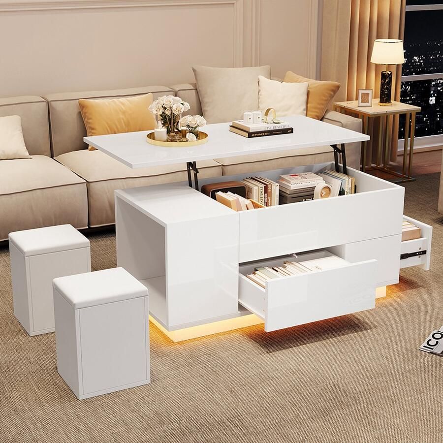 Pugsdrly 100*50*45 cm 4-in-1 salontafel In hoogte verstelbare salontafel met LED salontafel met 2 lades glanzende tafel met bank en 2 krukken bijzettafel met verborgen opbergruimte draagvermogen tot 50 kg wit