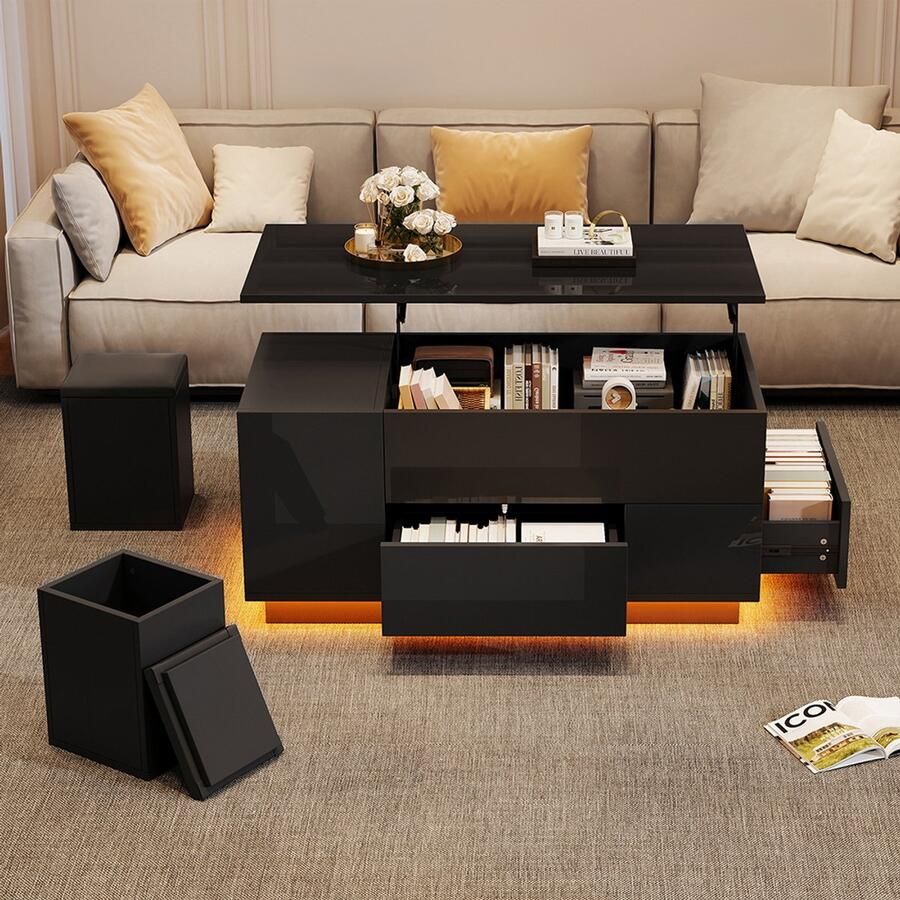 Pugsdrly 100*50*45 cm 4-in-1 salontafel In hoogte verstelbare salontafel met LED salontafel met 2 lades glanzende tafel met bank en 2 krukken bijzettafel met verborgen opbergruimte draagvermogen tot 50 kg zwart