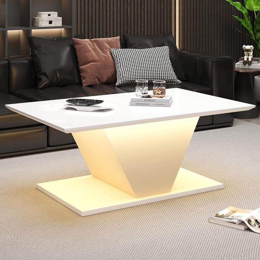 Pugsdrly 100*50*46 cm Speciaal gevormde salontafel met LED-verlichting glanzende salontafel bijzettafel geschikt voor kleine ruimtes wit V-vorm