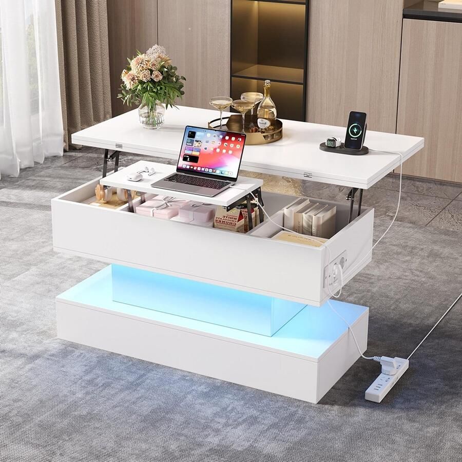 Pugsdrly 100*50*51 5 cm Salontafel met stopcontact USB-C- en USB-oplaadpoort multifunctionele salontafel met ledverlichting opklapbare salontafel in hoogte verstelbare salontafel bijzettafel en eettafel met opbergruimte wit