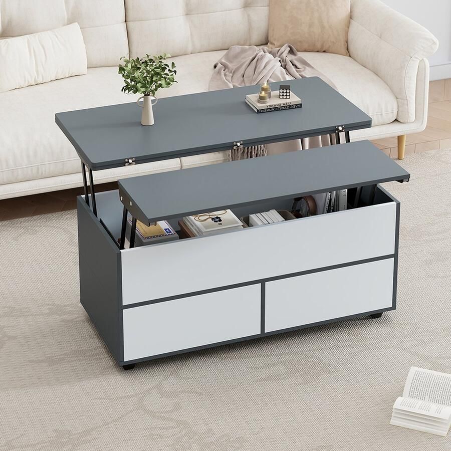 Pugsdrly 100*98*65cm Salontafel In hoogte verstelbare salontafel met verborgen opbergruimte en legplank salontafel met wieltjes en lades multifunctionele eettafel met veel opbergruimte grijs-wit