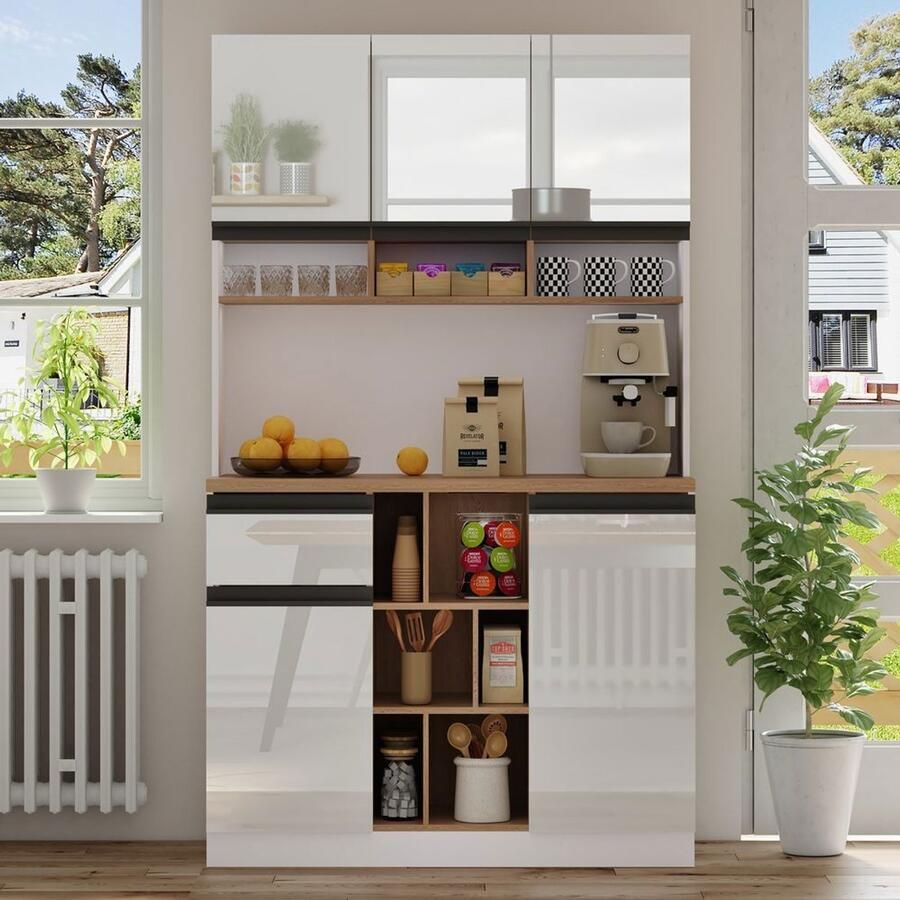 Pugsdrly 105 × 45 × 185 cm modern wit keukenmeubel buffetkast dressoir glanzende deuren metalen handgrepen verstelbare legplanken lades open opbergruimte kantelbeveiliging geschikt voor keuken eetkamer en woonkamer