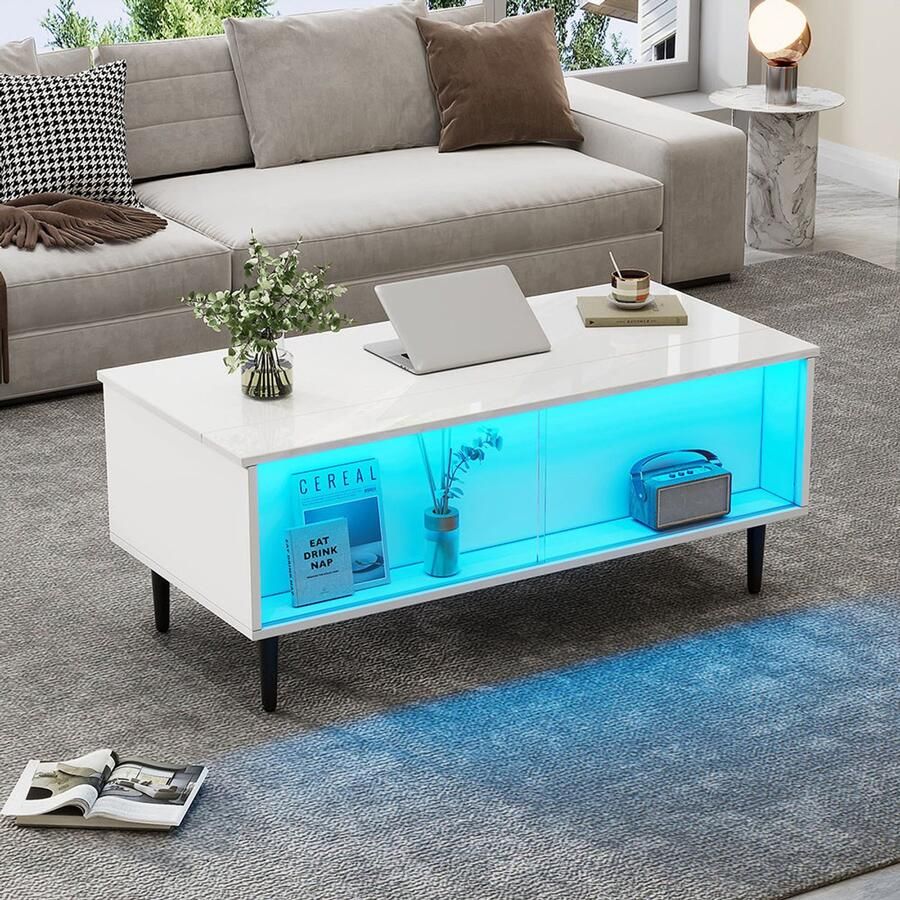 Pugsdrly 105 x 50 x 43 cm Salontafel In hoogte verstelbare salontafel met verborgen opbergruimte salontafel met ledverlichting salontafel met opbergruimte en displayoppervlak van gehard glas wit Met 4 poten