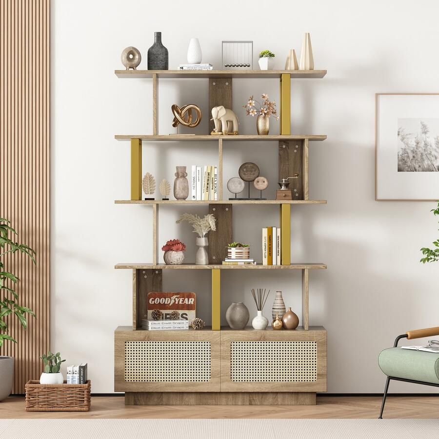 Pugsdrly 105x31 7x160 cm Hoogwaardige boekenkast met rotan deuren en veiligheidsvoorziening Open legplanken moderne boekenkast display unit ladderrek combinatie van hout en metaal