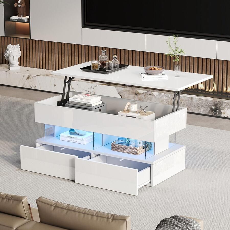 Pugsdrly 120 x 50 x 46 cm Opklapbare salontafel met in hoogte verstelbaar blad en verborgen opbergruimte glanzende bijzettafel met LED salontafel met 2 lades wit MDF + gehard glas