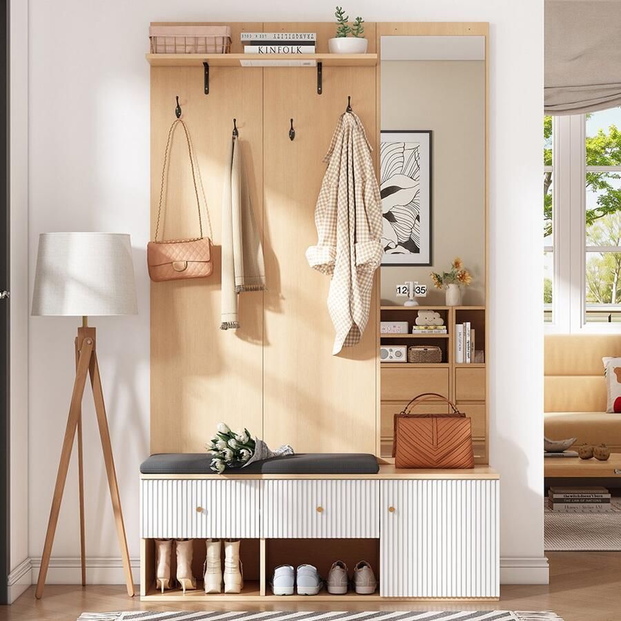 Pugsdrly 120*40*200 cm Multifunctionele hoge garderobekast van hout kapstok met spiegel schoenenbank bekleding schoenenkast lade plank en kapstokhaken houtkleur + wit