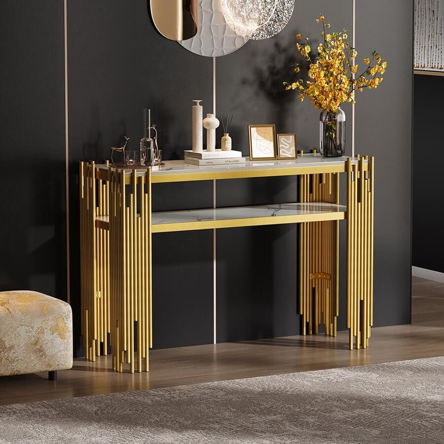 Pugsdrly 128 x 44 x 80 cm Mid-Century Modern bijzettafeltje consoletafel witte romp met gouden poten dubbellaags MDF maximale belasting 40 kg