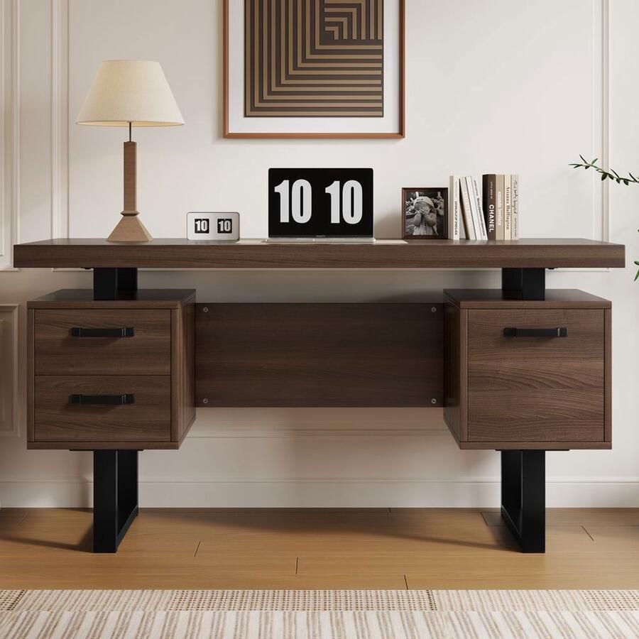Pugsdrly 135 x 54 cm enkel bureau MDF en stalen buizen van hoge kwaliteit stille lade ordnerlade ruim spatwaterdicht bureaublad efficiënte opslag bruin
