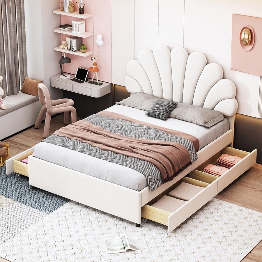 Pugsdrly gestoffeerd bed 140 x 200 cm bedframe met bloemvormig hoofdeinde en lattenbodem met opbergvakken jeugdbed volwassenenbed tweepersoonsbed huidvriendelijke fluweelstof beige