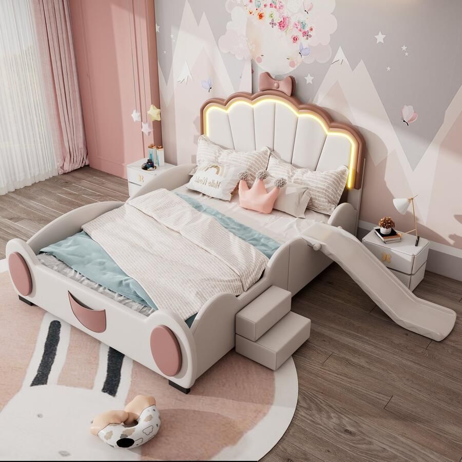 Pugsdrly 140*200 cm Cartoon bed kinderbed vlinderbed LED-kleurveranderend licht afstandsbediening uitgerust met glijbaan en ladder PU-materiaal mooie vorm roze + wit