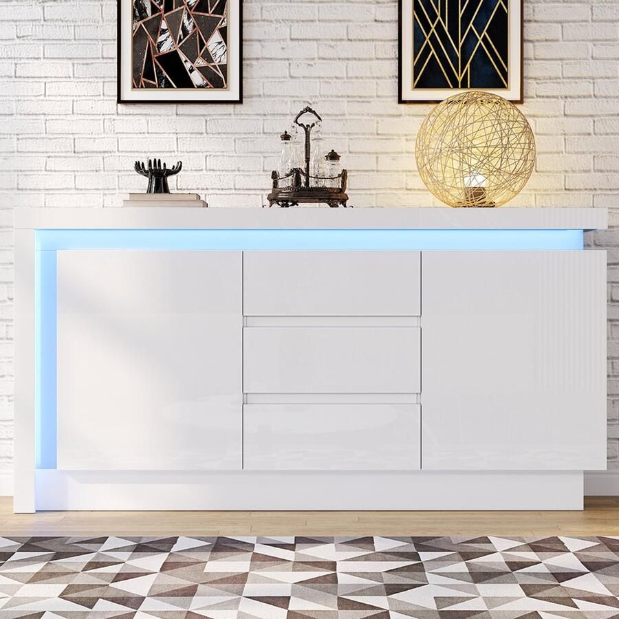 Pugsdrly 140*35*72 cm Dressoir ladekast voor de slaapkamer woonkamer bijzettafel met 3 lades kast met verstelbare planken en 2 deuren bijzetmeubel voor bank glanzend met LED wit