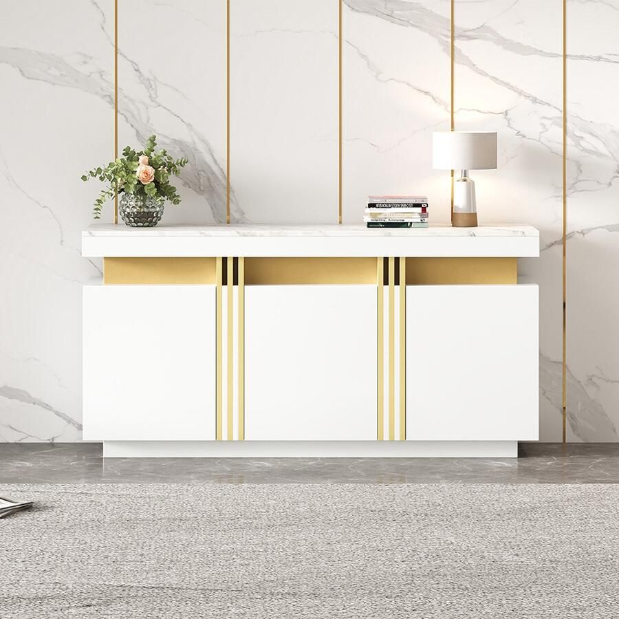 Pugsdrly modern wit dressoir 140 cm x 38 cm x 70 cm 3 deuren eetkamerkast met verstelbare scheidingswanden perfect voor keuken woonkamer eetkamer hal platina naden brede greepvrije kastdeuren - Foto 2