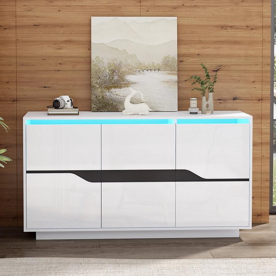Pugsdrly 140*40*76 cm Buffetkast voor de woonkamer buffetkasten met 3 deuren veelzijdig Teakast met verstelbare verdelers brede vakken zonder handgrepen glanzend Bijzettafeltje voor de bank met LED wit + zwart