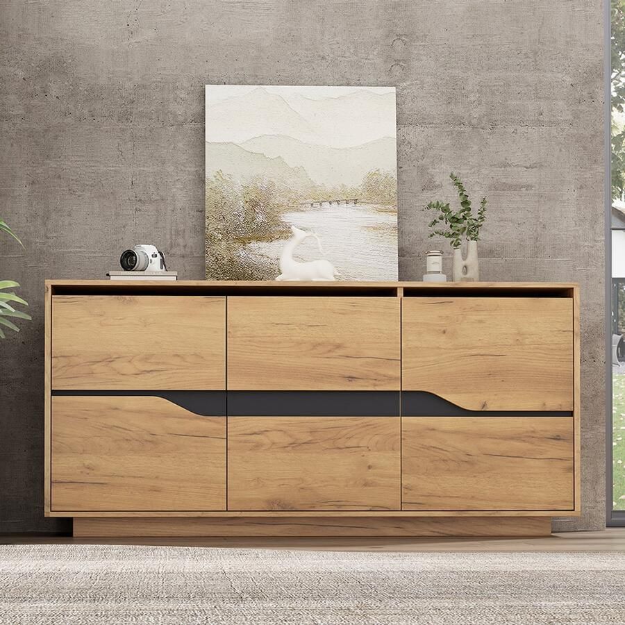 Pugsdrly 140*40*76 cm woonkamercommode dressoirs met 3 deuren eetkamerkast met verstelbare scheidingswanden brede kastjes zonder handgrepen veelzijdig inzetbaar bijzettafeltje voor de bank houtkleur + zwart