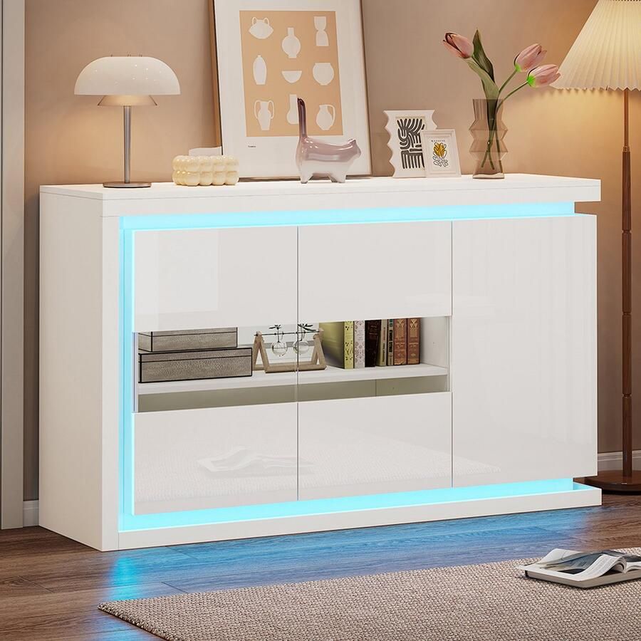 Pugsdrly 140*40*84 cm Salonkast moderne ladekast met 4 compartimenten breedte 140 cm bijzetmeubel met LED-lichtstrip glanzend dressoir met deuren van gehard glas geschikt voor gangen salons kantoren
