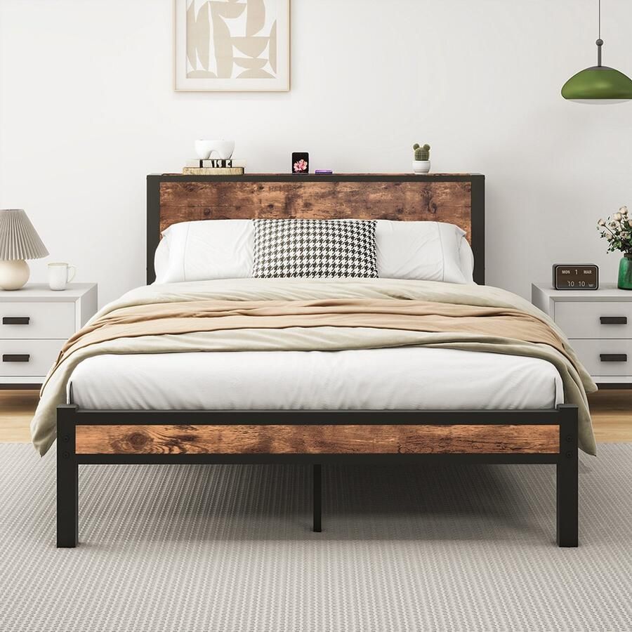 Pugsdrly 140x200 cm Metalen frame met hoofdeinde met opbergruimte eenvoudige metalen lattenbodem geruisloos metalen basis geen springveren nodig vintage bruin