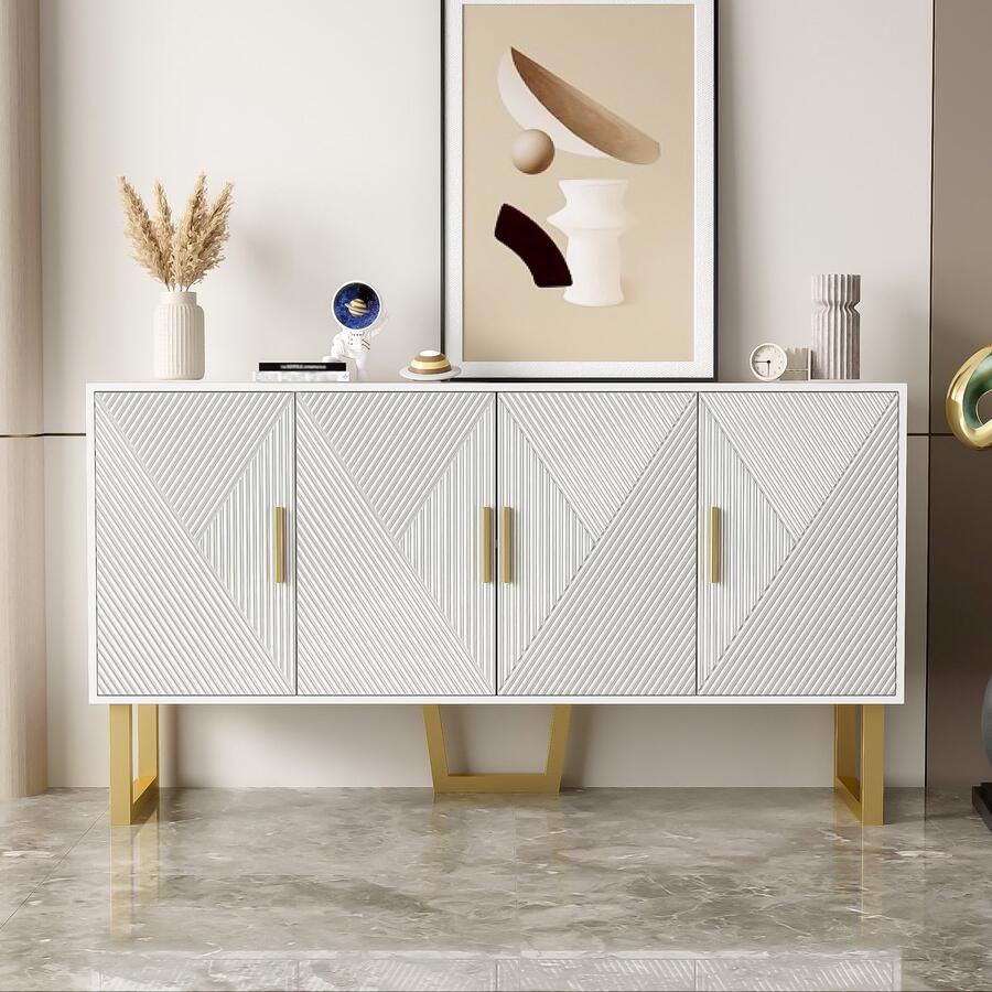 Pugsdrly 150 cm modern luxueus wit dressoir met hoogglanzende gestructureerde deuren gouden handgrepen 4 deuren ontwerp in hoogte verstelbare planken