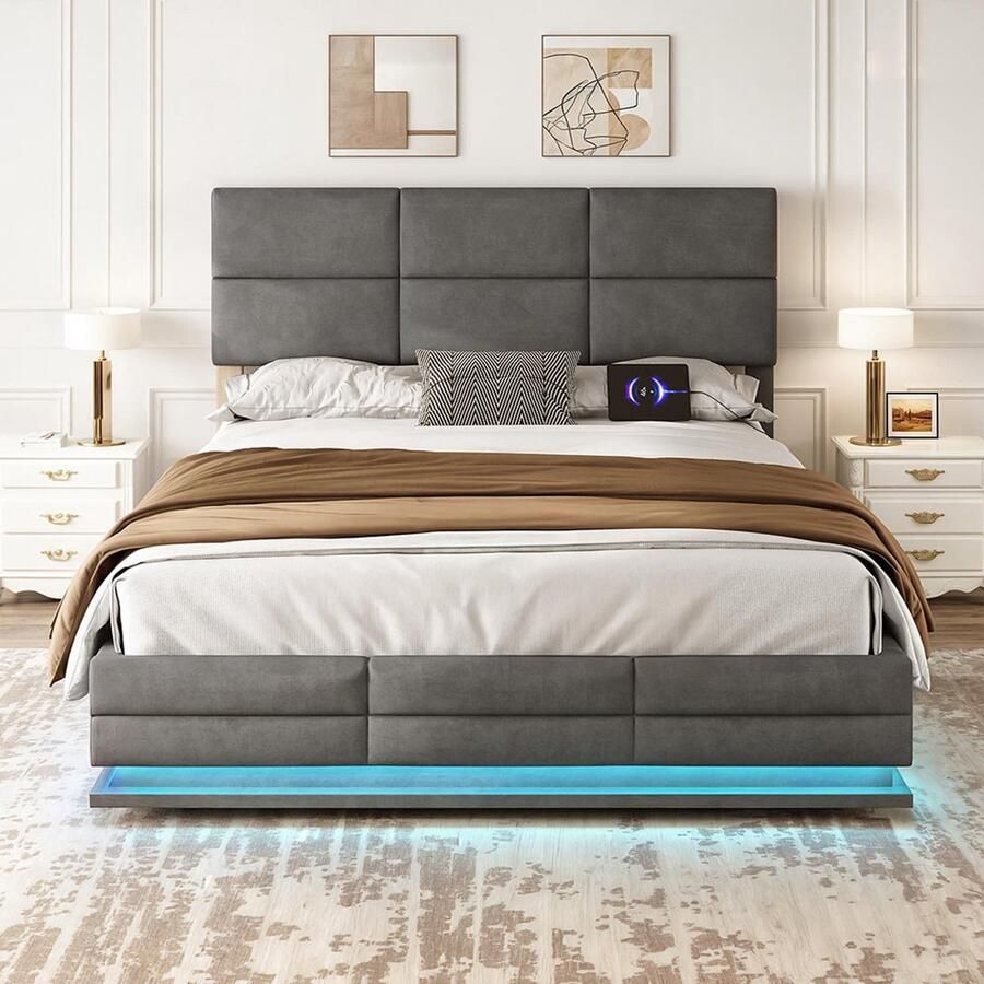 Pugsdrly 160 x 200 cm Bedframe van zacht fluweel met USB-oplaadfunctie type C en ledverlichting hydraulisch systeem opbergruimte Fluwelen bedframe voor tieners met lattenbodem grijs