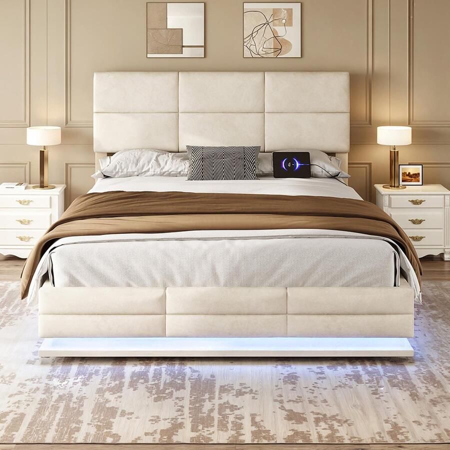 Pugsdrly 140 x 200 cm Bedframe van zacht fluweel met USB Type C-oplaadfunctie en ledverlichting hydraulisch systeem opbergruimte Bedframe van fluweel Tienersbed met lattenbodem beige