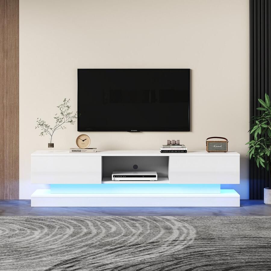Pugsdrly 160*35*40 5 cm Witte hoogglans tv-kast met ledverlichting 2 lades app-bediening anti-kantelontwerp voor 60-inch tv's tv-plank tv-lowboard