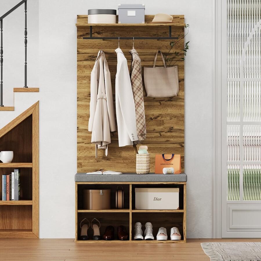 Pugsdrly 175 cm hoge garderobeset in houtlook met schoenenbank verstelbare plank kledingstang en bekleding – 84 x 32 cm – Praktische halmeubels