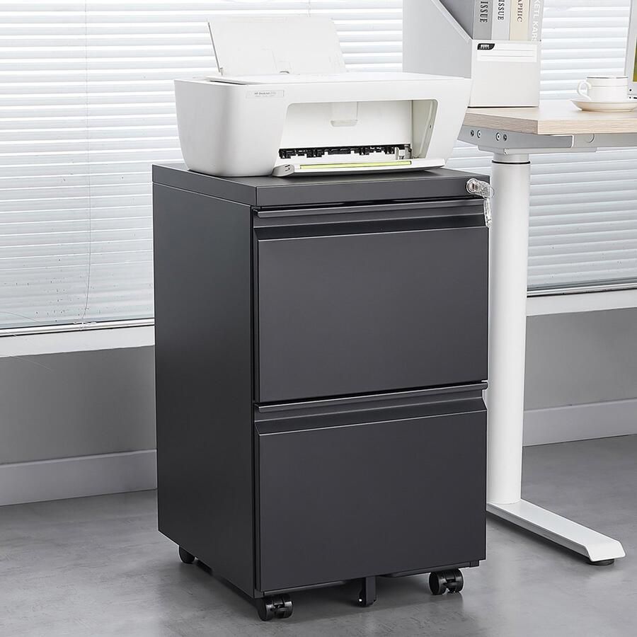 Pugsdrly 2-lade archiefkast met slot metalen onderkast op wieltjes geschikt voor Letter Alegal A4 formaten voor het thuiskantoor mobiele archiefkast montage vereist zwart