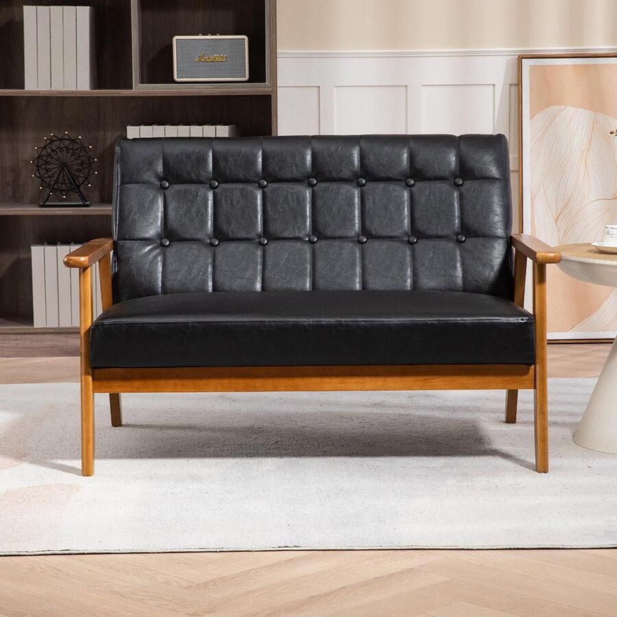 Pugsdrly 2-zitsbank met schuimzitting comfortabel en ademend polyester massief houten fauteuil voor woonkamer slaapkamer kantoor en recreatieruimte