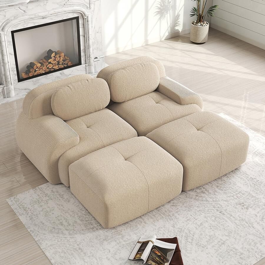 Pugsdrly 2-zitsbank van corduroy modulair met chaise longue antislip ergonomische armleuningen en zeer elastische vulling voor woonkamer en slaapkamer beige